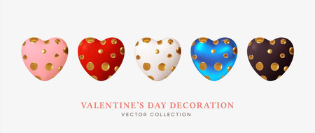 Set of 3d realistic hearts shapes in gold dots.White, red, pink, blue 3d hearts with gold dots isolated on white background. Vector illustrationのイラスト素材