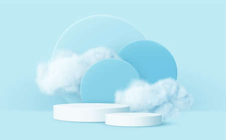 3d realistic podium product and smoke clouds. Blue and white 3d render scene with product podium display and clouds. Vector illustrationのイラスト素材