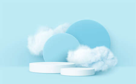 3d realistic podium product and smoke clouds. Blue and white 3d render scene with product podium display and clouds. Vector illustrationのイラスト素材