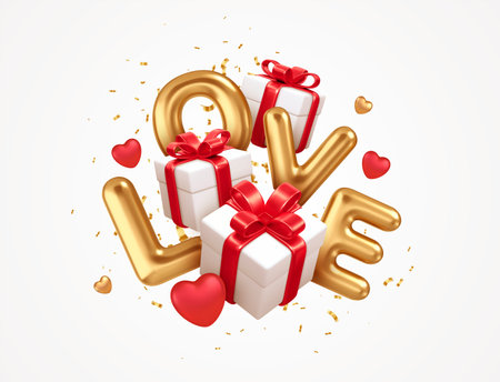 3D Valentines Day gift boxes with red bows. Gold word Love 3D realistic on the background gift boxes isolated on white background. Vector illustrationのイラスト素材