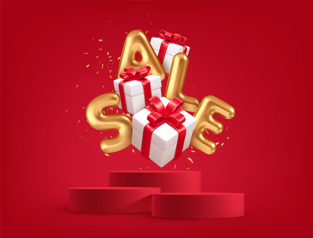 Realistic 3d gift boxes with red gift bows and Gold word Sale in the red background product podium scene and golden confetti. Vector illustrationのイラスト素材