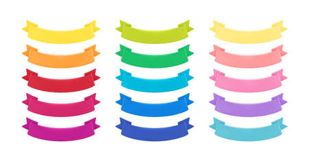 3d Banner Ribbon Sales. Multicolored realistic banner ribbon. Red, yellow, green, blue, purple Color. Vector illustrationのイラスト素材