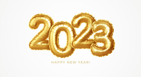 2023 3d Realistic Gold Foil Balloons. Happy New Year 2023 greeting card. Vector illustrationのイラスト素材