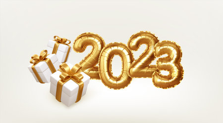 2023 3d Realistic Gold Foil Balloons and Gift Box. Happy New Year 2023 greeting card. Vector illustrationのイラスト素材