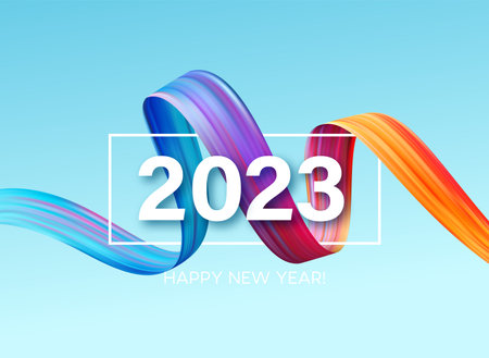 Happy New Year and Christmas 2023. 2023 typography on a background of bright colored paint strokes. New Year holiday greeting card. Vector illustrationのイラスト素材