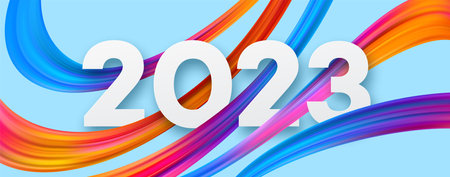 Happy New Year and Christmas 2023. 2023 typography on a background of bright colored paint strokes. New Year holiday greeting card. Vector illustrationのイラスト素材
