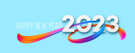 Happy New Year and Christmas 2023. 2023 typography on a background of bright colored paint strokes. New Year holiday greeting card. Vector illustrationのイラスト素材