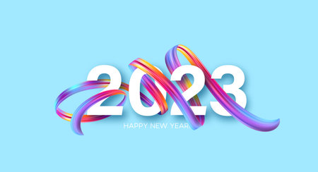 Happy New Year and Christmas 2023. 2023 typography on a background of bright colored paint strokes. New Year holiday greeting card. Vector illustrationのイラスト素材