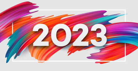 Happy New Year and Christmas 2023. 2023 typography on a background of bright colored paint strokes. New Year holiday greeting card. Vector illustrationのイラスト素材