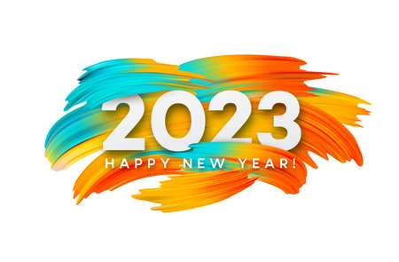 Happy New Year and Christmas 2023. 2023 typography on a background of bright colored paint strokes. New Year holiday greeting card. Vector illustrationのイラスト素材