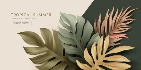 Summer Tropical Palm Leaves. Design of Summer Flyer, Website, Banner, Landing Page. Palm, Monster, Banana Leaf. Vector Illustrationのイラスト素材