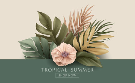 Summer Tropical Palm Leaves. Design of Summer Flyer, Website, Banner, Landing Page. Palm, Monster, Banana Leaf. Vector Illustrationのイラスト素材