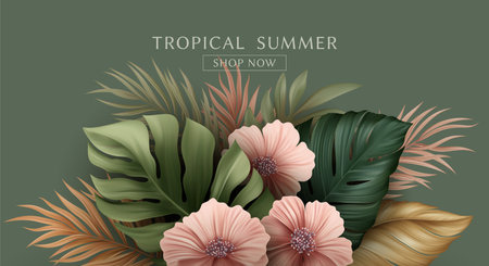 Summer Tropical Palm Leaves. Design of Summer Flyer, Website, Banner, Landing Page. Palm, Monster, Banana Leaf. Vector Illustrationのイラスト素材