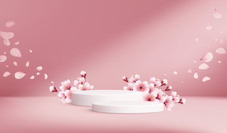 Pink Realistic Realistic Cherry Blossom Flowers Product Podium Scene. Vector Illustrationのイラスト素材
