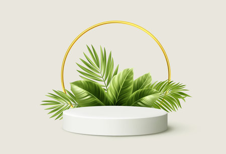 Elegant White Podium with Golden Circle Frame and Green Tropical Palm Leavesのイラスト素材
