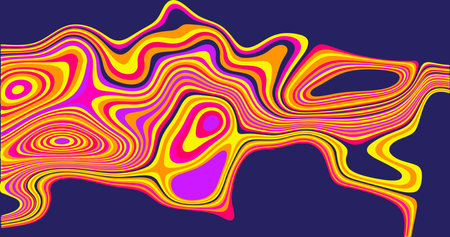 Abstract Vector Illustration Background Featuring Vibrant Swirling Lines in Yellow, Pink, and Purple Against a Deep Blue Backdropのイラスト素材