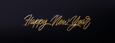 Elegant Happy New Year Greeting in Gold Typography on a Dark Background, Celebratory Design with a Luxurious Holiday Theme, Perfect for Festive Promotionsのイラスト素材