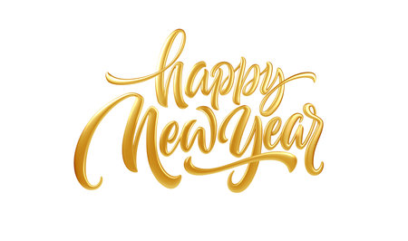 Elegant Golden Happy New Year Calligraphy Illustration on a White Background, Perfect for Celebrations, Events, and Festive Design Projects in a Cheerful and Stylish Themeのイラスト素材