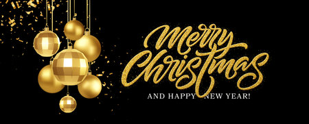 Golden Christmas Ornaments with Festive Text in an Elegant Decorative Illustration Backgroundのイラスト素材