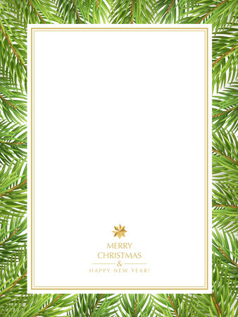 Elegant Vector Christmas Illustration Incorporating Pine Needle Border and Minimalistic Gold Typography Creating an Inviting and Festive Background for Greetings and Celebrationsのイラスト素材