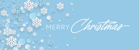Vector Illustration Background Featuring Merry Christmas Text and White Snowflakes on a Soft Blue Backdrop Offering a Festive Winter Holiday Atmosphereのイラスト素材