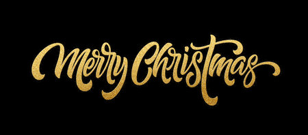 Golden Merry Christmas Text Design with Elegant Handwritten Script on Black Backgroundのイラスト素材