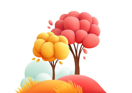 Bright Vector Illustration of Cartoon Style Trees with Rounded Shapes in Autumn Colors Against a White Backgroundのイラスト素材