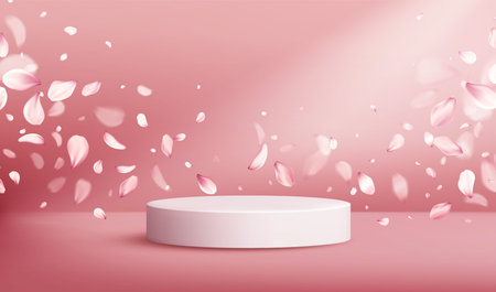 Vector Illustration Background Pink Platform With Floating Petalsのイラスト素材