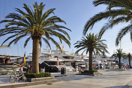 Montenegro, Tivat, Porto Montenegro - August 2, 2014: In the evening on the dock at Porto Montenegroのeditorial素材