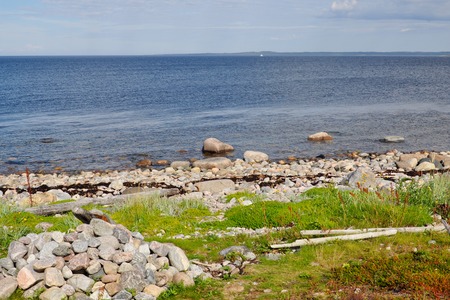 The rocky shore of the White sea zacky on the big Island of the Solovetsky archipelago, Russiaの写真素材