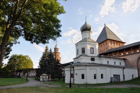 Old towers of Novgorod Kremlin and the church, Veliky Novgorod, Russiaの写真素材