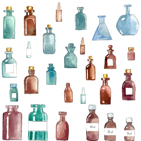 Set of watercolor medical icons: bottle, vial, flask, phial, ampoule, capsule.の写真素材