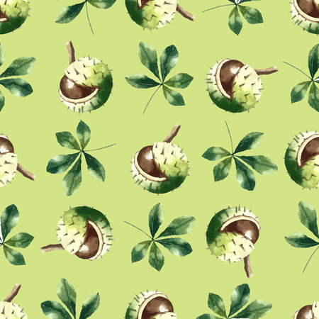 Chestnut leaf and walnut watercolor seamless pattern. Vector illustration.の写真素材