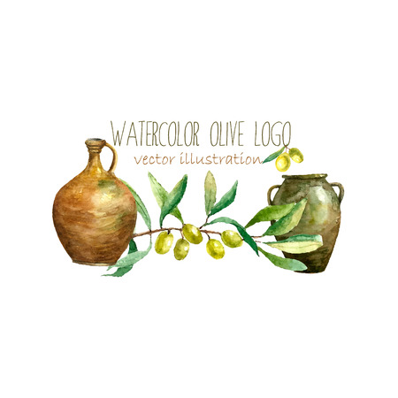 Watercolor artistic olive branch and clay pots icon. Hand drawn natural elements: green olives, olive branch, clay pots. Vector vintage label design.のイラスト素材