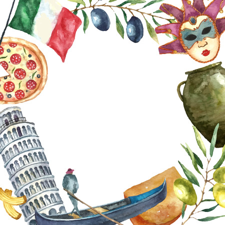 Watercolor Italy landmark frame. Hand draw card background with objects: tower of Pisa, pizza, gondola, macaroni, bottle of white wine, clay pot, branch olive, cheese and glass of wine.のイラスト素材
