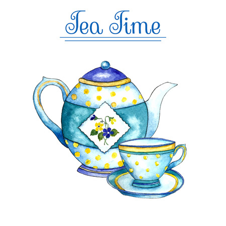 Watercolor teapot and cup on the white backgrounds. Vector illustration.のイラスト素材