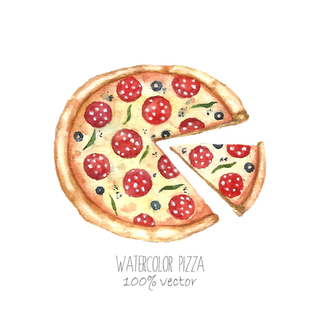 Watercolor pizza. Hand drawn pizza illustration. Food vector object isolated on white background.のイラスト素材