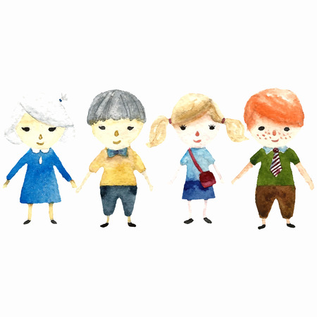 Watercolor school children illustration. Vector.のイラスト素材