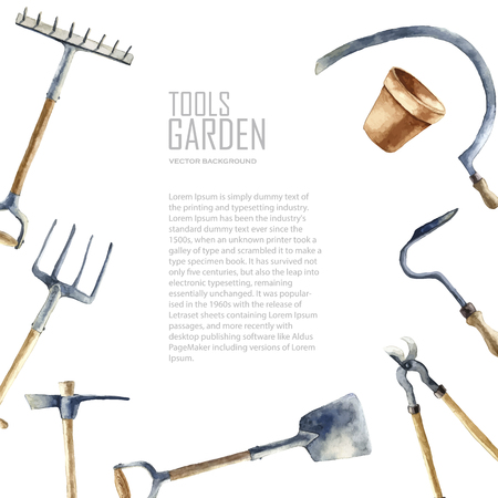 Watercolor garden tools set. Vector hand drawn illustrations: garden rake, sickle, knocker, pliers, garden forks, garden shovel.   Garden furniture objects isolated on white background with place for text.のイラスト素材