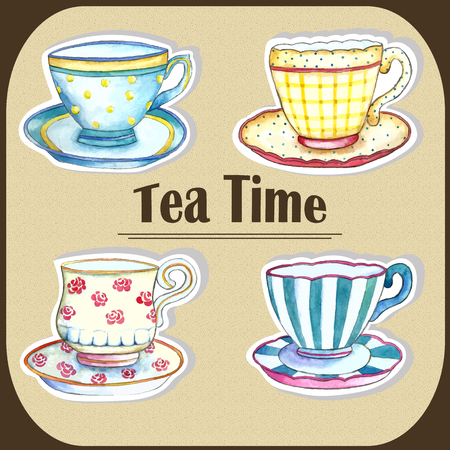 Tea cups watercolor on the white backgrounds.のイラスト素材