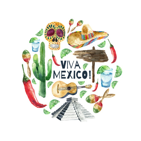 Travel Concept Mexico Landmark Watercolor Icons Design .Vector Illustration.のイラスト素材