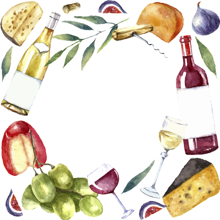 Watercolor wine and cheese frame. Round frame with hand painted food objects. Red wine bottle and glass, white wine bottle and glass, grapes, cheeses, figs and green twig. Vector background.のイラスト素材