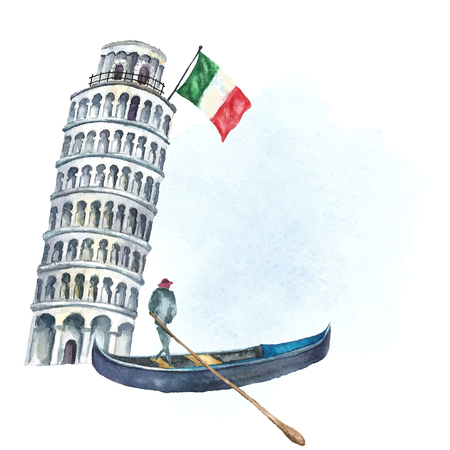 Watercolor artistic tower of Pisa with flag of Italy and Italian gondola.  Vector vintage label design.のイラスト素材