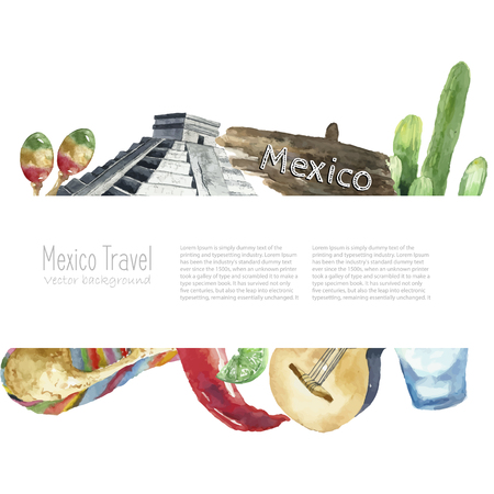 Watercolor Mexico landmark frame. Hand draw card background with place for text and objects. Sombrero, pepper, lime, pyramid, tequila, guitar, cactus. Vector background.のイラスト素材
