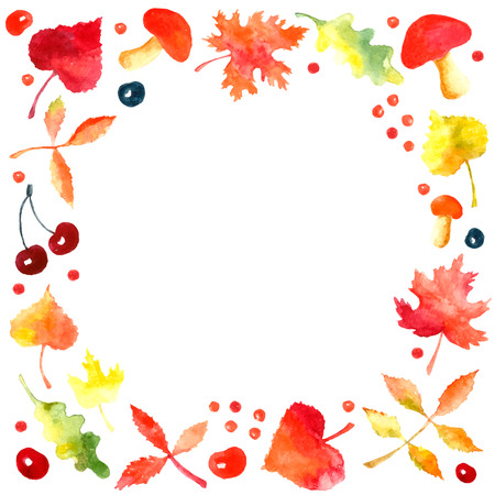 Watercolor autumn frame. Hand drawn round frame: red, yellow,orange and green leaves, mushrooms and berry.のイラスト素材