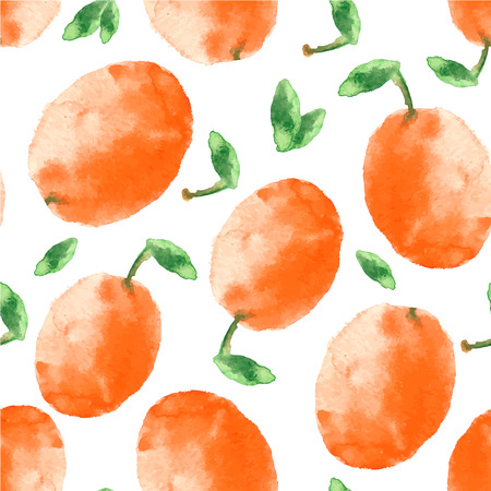Watercolor apricot. Hand painted orange apricot and green leaves seamless pattern.のイラスト素材