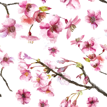 Watercolor oriental pattern with sakura branch. Seamless oriental texture with isolated hand drawn cherry blossom. Asian natural background in vectorのイラスト素材