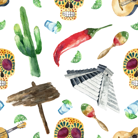 Travel Concept Mexico Landmark Watercolor Seamless Pattern .Vector Illustration.の写真素材