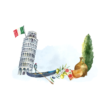 Watercolor artistic tower of Pisa and Italian poplar logo. Hand drawn frame with Italian elements: tower of Pisa, gondola, poplar, clay jug, cheese and slice of pizza. Vector vintage label design.のイラスト素材