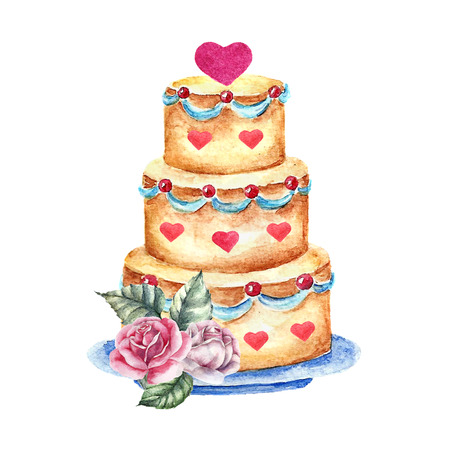 Watercolor bright card wedding cake with hearts and roses bouquet. Hand drawn vintage illustration isolated on white background. vectorの写真素材